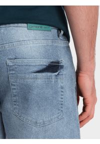 Ombre Clothing - Jeansowe krótkie spodenki męskie z delikatnym washem – jasnoniebieskie V1. Kolor: niebieski. Materiał: jeans. Długość: krótkie. Wzór: aplikacja. Sezon: lato. Styl: klasyczny, wakacyjny