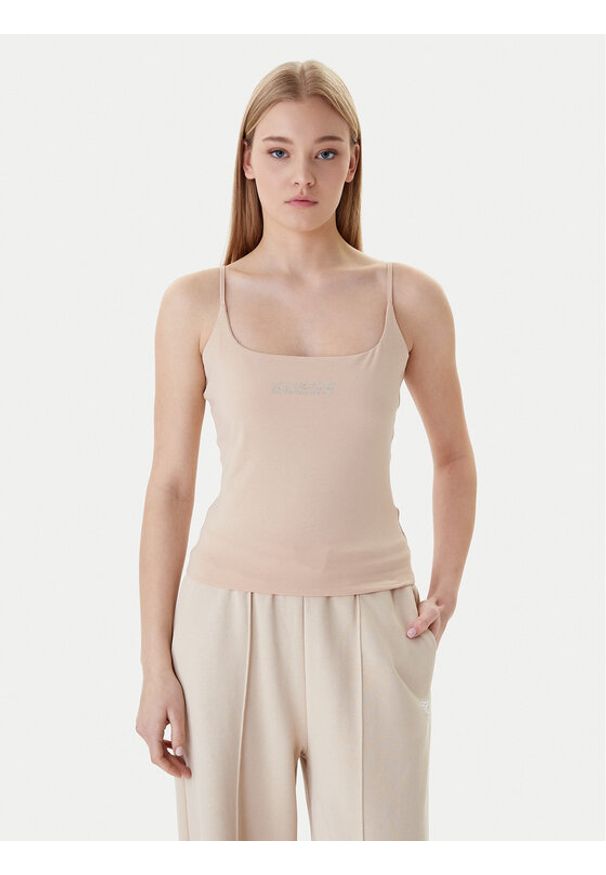 Guess Top V5GP22 J1314 Beżowy Slim Fit. Kolor: beżowy. Materiał: bawełna