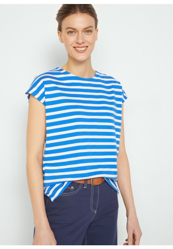 bonprix - T-shirt oversize w paski, ze zrównoważonego materiału. Kolor: niebieski. Materiał: materiał. Wzór: paski