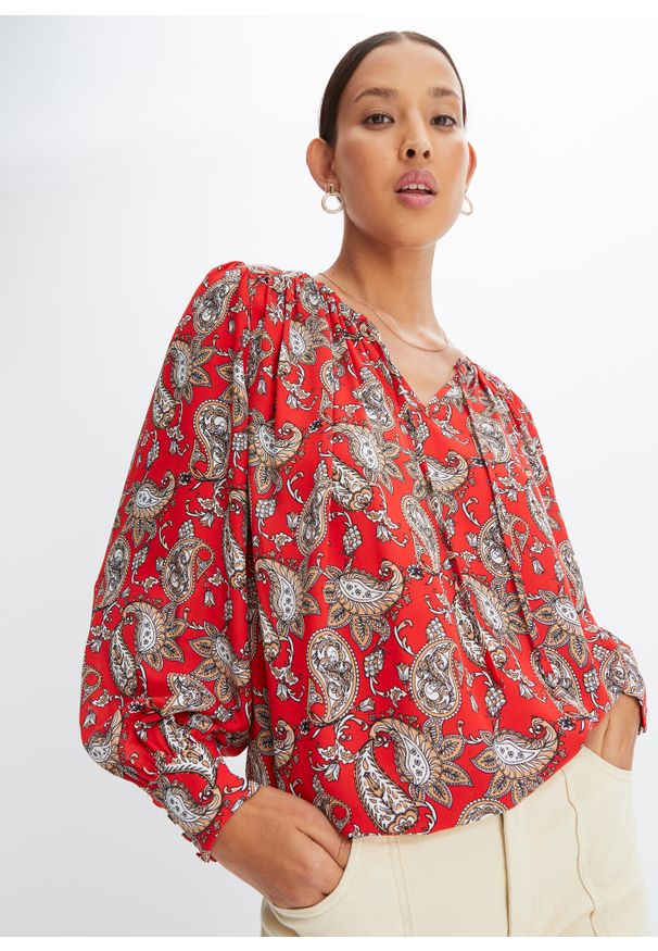 bonprix - Bluzka szyfonowa. Kolor: czerwony. Materiał: szyfon. Wzór: nadruk