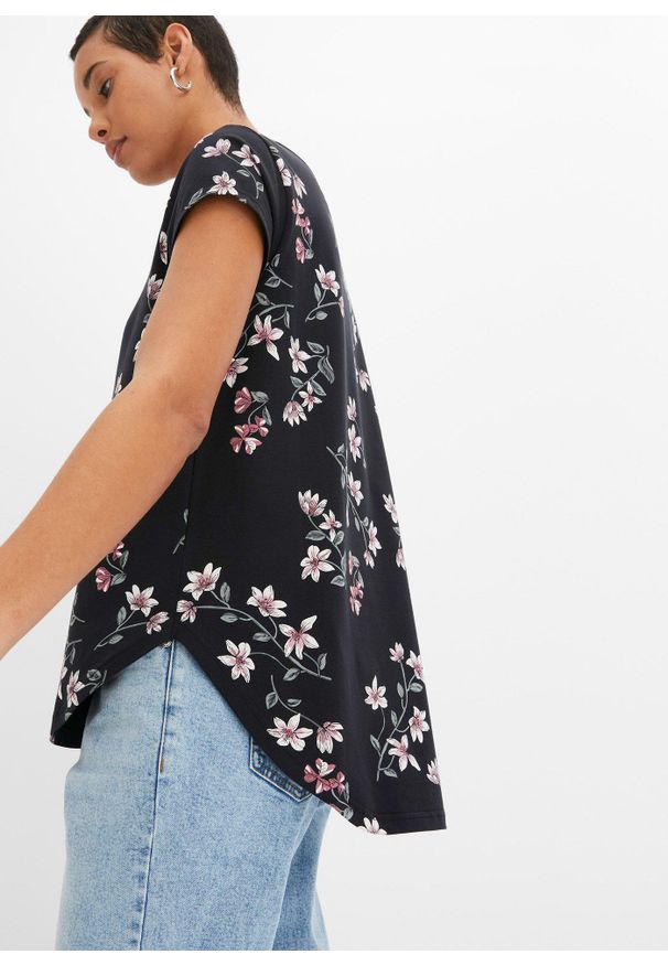 bonprix - Koszulka oversize z mieszanki bawełny. Kolor: czarny. Materiał: bawełna. Wzór: kwiaty
