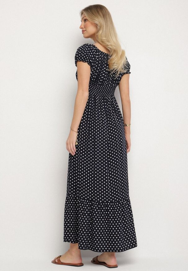 Born2be - Granatowa Sukienka z Bawełną w Kropki Ellisla. Okazja: na co dzień. Kolor: niebieski. Materiał: bawełna. Wzór: kropki. Styl: elegancki, casual