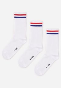 Born2be - Białe 3-Pack Skarpety Wysokie z Bawełny w Prążki Zdobione Paskami Ansson. Kolor: biały. Materiał: bawełna. Wzór: aplikacja, prążki #1