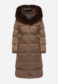 Born2be - Brązowa Długa Kurtka Puchowa z Pikowanymi Przeszyciami i Kapturem z Futrem Zevea. Okazja: na spacer, na co dzień. Kolor: brązowy. Materiał: futro, puch. Długość: długie. Styl: casual, elegancki #6