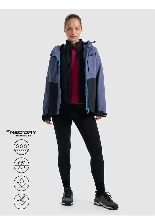 4f - 4F Kurtka trekkingowa membrana 10000 damska - granatowa XS. Kolor: niebieski. Materiał: tkanina, materiał. Długość rękawa: raglanowy rękaw. Technologia: Primaloft. Sezon: zima. Sport: wspinaczka, turystyka piesza