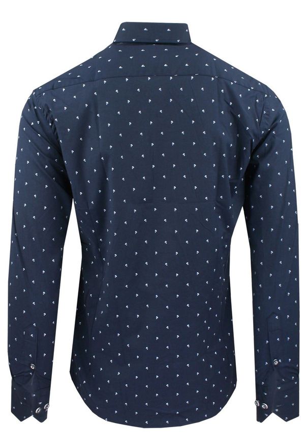 Męska Koszula, Taliowana (Slim Fit) - Rigon - Granat, Drobny Wzór. Okazja: do pracy, na spotkanie biznesowe. Kolor: niebieski. Materiał: bawełna, poliester, elastan. Długość rękawa: długi rękaw. Długość: długie. Styl: wizytowy, elegancki, biznesowy