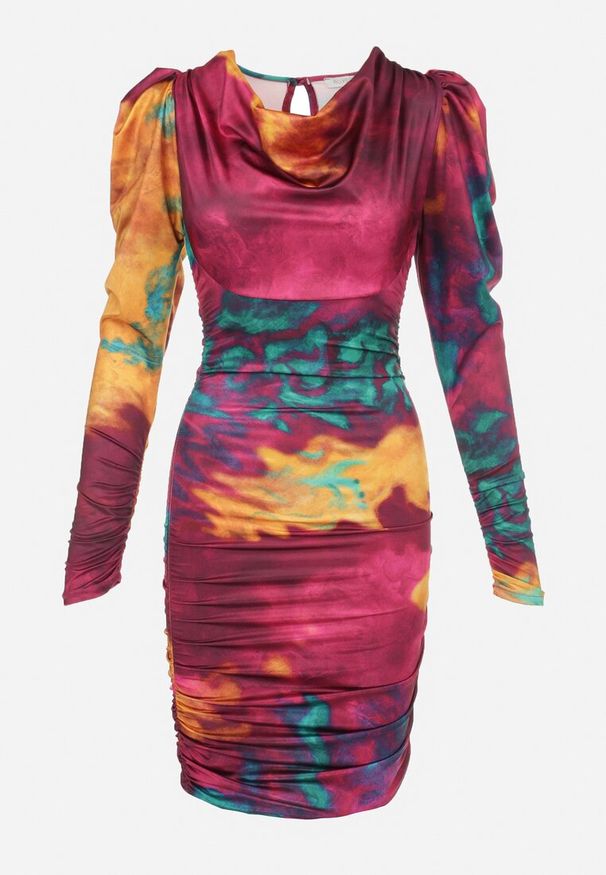 Born2be - Fuksjowa Sukienka Tie-Dye z Bufiastym Rękawem Haki. Okazja: na co dzień. Kolor: różowy. Styl: klasyczny, casual, elegancki
