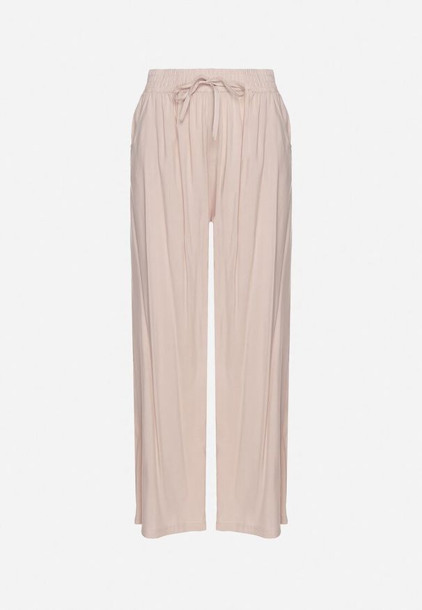 Born2be - Jasnobeżowe Spodnie Bawełniane Typu Palazzo z Wysokim Stanem i Gumką w Talii Fitanea. Okazja: na co dzień. Stan: podwyższony. Kolor: beżowy. Materiał: bawełna. Długość: długie. Styl: elegancki, casual, klasyczny, wizytowy