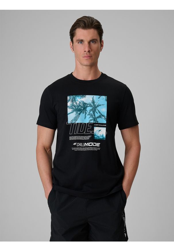 4f - 4F T-shirt regular z nadrukiem męski - czarny S. Okazja: na co dzień. Kolor: czarny. Materiał: materiał, bawełna, dzianina. Wzór: nadruk. Styl: wakacyjny, casual, klasyczny