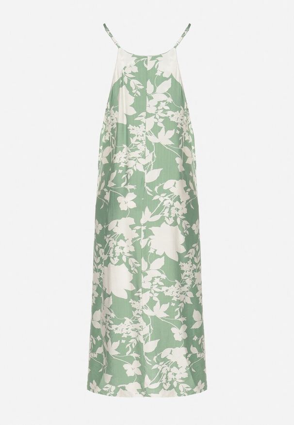 Born2be - Zielono-Kremowa Rozkloszowana Sukienka z Wiskozą w Kwiatowy Wzór Juliade. Okazja: na co dzień. Kolor: zielony. Materiał: wiskoza. Długość rękawa: na ramiączkach. Wzór: kwiaty. Sezon: lato. Styl: casual, elegancki