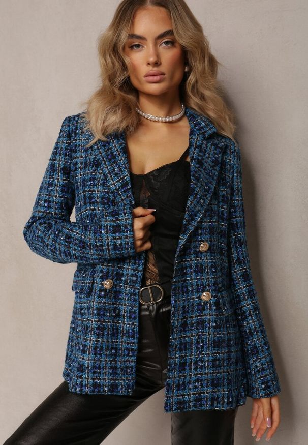 Renee - Niebieska Tweedowa Marynarka Dwurzędowa Zapinana na Biżuteryjne Guziki Nallet. Kolor: niebieski. Materiał: materiał. Styl: retro, elegancki