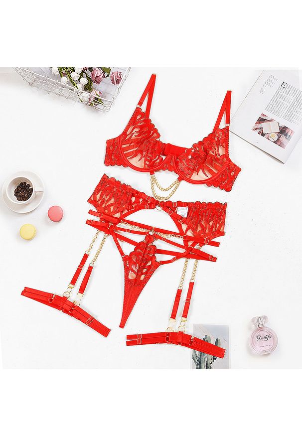 Intica - Komplet bielizny z łańcuszkiem i miękką tkaniną Asena. Kolor: czerwony. Materiał: tkanina