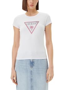 Guess - GUESS Biały damski t-shirt z logo z cyrkoniami Triangle Rhinestones, Rozmiar XS. Okazja: na co dzień. Kolor: biały. Styl: elegancki, casual, klasyczny #4