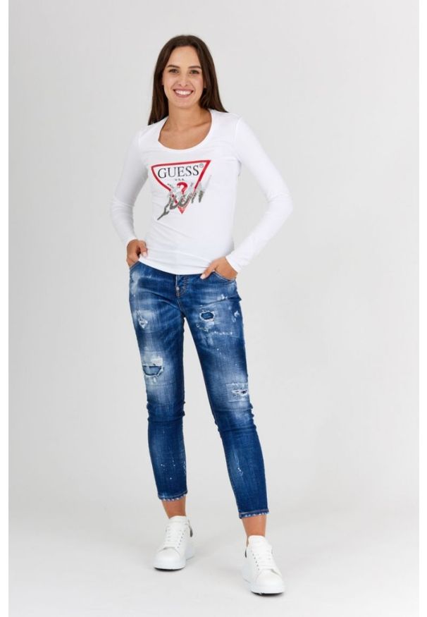 Guess - GUESS Biały longsleeve damski icon. Kolor: biały. Materiał: bawełna. Długość rękawa: długi rękaw. Wzór: haft