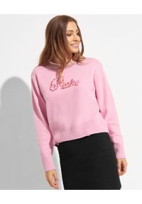Pinko - PINKO - Różowy sweter z kolorową aplikacją Moscato. Kolor: wielokolorowy, fioletowy, różowy. Materiał: dzianina, wełna. Długość rękawa: długi rękaw. Długość: długie. Wzór: aplikacja, kolorowy