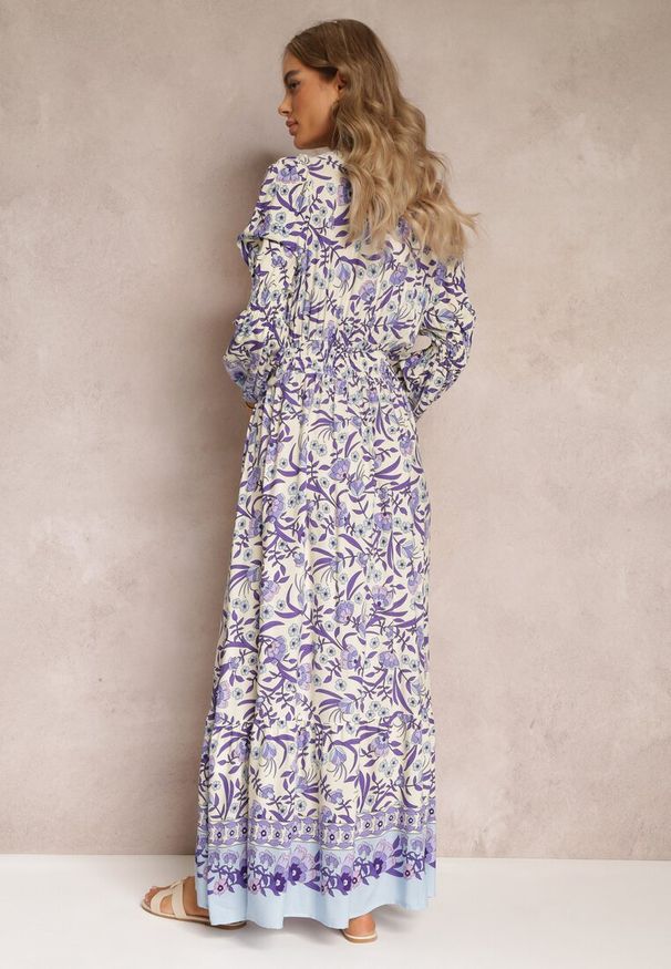 Renee - Fioletowo-Beżowa Sukienka Maxi w Kwiaty z Wiskozy Vellu. Kolor: fioletowy. Materiał: wiskoza. Wzór: kwiaty. Styl: boho. Długość: maxi