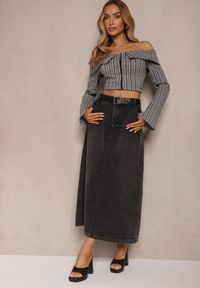 Renee - Czarna Jeansowa Spódnica Maxi o Rozkloszowanym Kroju z Paskiem Teviva. Kolor: czarny. Materiał: jeans. Sezon: lato, wiosna