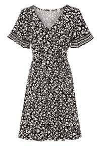 Sukienka z nadrukiem LENZING™ ECOVERO™ bonprix czarno-biel wełny w roślinny wzór. Kolor: czarny. Materiał: wełna. Wzór: nadruk #1