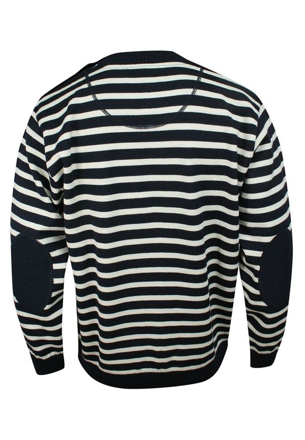 Belika - Sweter Granatowo-Biały w Paski, Łaty na Rękawach, Okrągły Dekolt (U-neck), Męski - BELIKA. Kolor: niebieski. Materiał: wełna. Wzór: paski. Sezon: zima, jesień. Styl: klasyczny