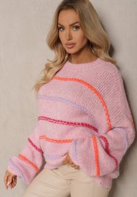 Renee - Różowy Sweter Obszyty Kolorowymi Nitkami z Wełną Romizelle. Kolor: różowy. Materiał: wełna. Długość rękawa: długi rękaw. Długość: długie. Wzór: kolorowy. Styl: elegancki #5