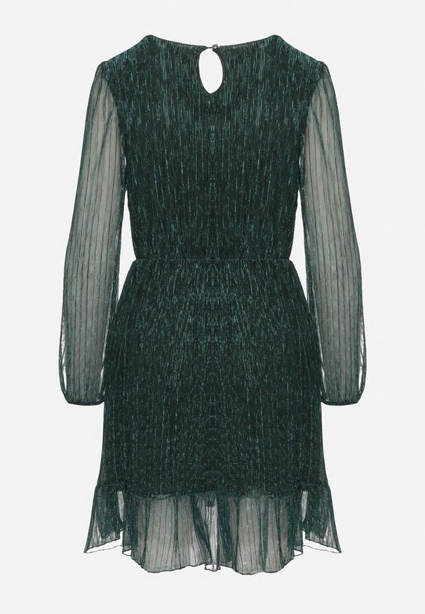 Born2be - Ciemnozielona Sukienka z Wiskozy Ozdobiona Metaliczną Nicią Meliorea. Kolor: zielony. Materiał: wiskoza. Wzór: aplikacja. Styl: elegancki, klasyczny