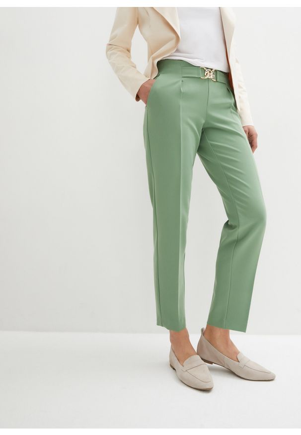bonprix - Spodnie z zakładkami poniżej talii, z dekoracyjną klamrą. Kolor: zielony. Materiał: materiał. Styl: elegancki