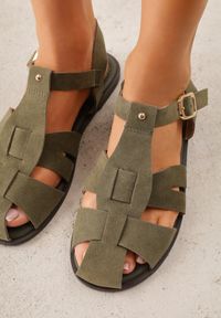 Renee - Zielone Sandały Gladiatorki z Imitacji Nubuku Zapinane na Sprzączkę Briannea. Zapięcie: sprzączka. Kolor: zielony. Materiał: nubuk. Wzór: haft. Sezon: lato. Styl: elegancki #7