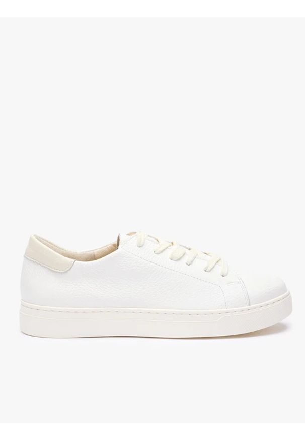 Ryłko - Białe sneakersy ze skóry licowej. Okazja: na co dzień. Nosek buta: okrągły. Zapięcie: sznurówki. Kolor: biały. Materiał: skóra. Styl: klasyczny, casual, sportowy, street