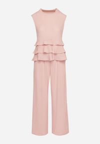 Born2be - Różowy Komplet Bluzka Bez Rękawów z Baskinką i Szerokie Spodnie Ulosinia. Kolor: różowy #7