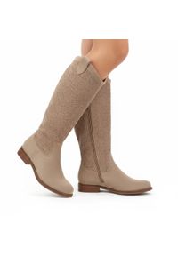 Kozaki damskie S.Barski, cholewka z materiału zapinane na suwak elegancki fason w stylu boho, beżowe, HY61-8022. Okazja: na co dzień. Kolor: beżowy. Szerokość cholewki: normalna. Wzór: geometria, ażurowy. Materiał: materiał. Sezon: jesień, lato, zima. Obcas: na obcasie. Styl: elegancki, boho. Wysokość obcasa: niski #9