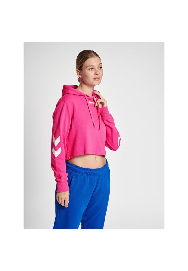 Damska bluza z kapturem crop Hummel Legacy. Typ kołnierza: kaptur. Kolor: fioletowy, różowy, wielokolorowy. Materiał: bawełna, materiał. Wzór: nadruk. Sport: fitness, piłka ręczna