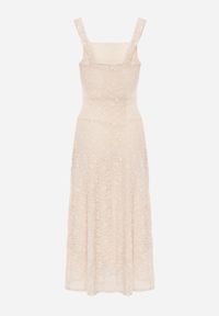 Renee - Beżowa Koronkowa Koktajlowa Sukienka o Taliowanym Kroju Ianra. Kolor: beżowy. Materiał: koronka. Długość rękawa: na ramiączkach. Wzór: koronka. Styl: wizytowy. Długość: mini #3