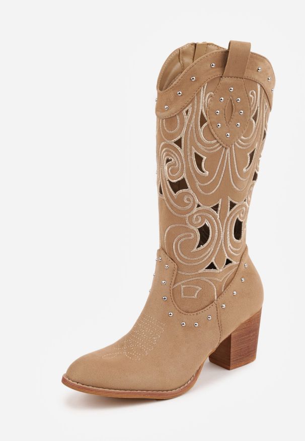 Born2be - Ciemnobeżowe Botki Kowbojki VICES na Obcasie z Ażurową Cholewką z Nitami Rienatea. Okazja: na co dzień. Kolor: beżowy. Materiał: jeans, zamsz. Szerokość cholewki: normalna. Wzór: ażurowy. Obcas: na obcasie. Styl: casual. Wysokość obcasa: średni