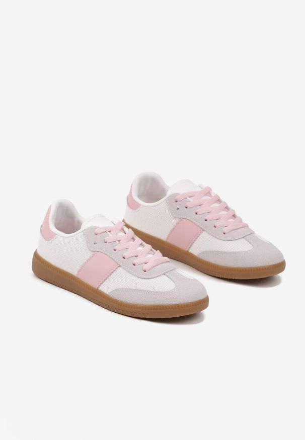 Renee - Biało-Różowe Sneakersy Tenisówki w Kultowym Stylu Neolithaen. Okazja: na co dzień. Zapięcie: sznurówki. Kolor: biały. Materiał: jeans