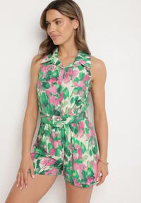 Born2be - Ciemnozielony Wiskozowy Kombinezon o Koszulowym Kroju Bez Rękawów z Paskiem Tolivia. Okazja: na co dzień. Kolor: zielony. Materiał: wiskoza. Długość rękawa: bez rękawów. Długość: krótkie. Styl: casual, elegancki #7