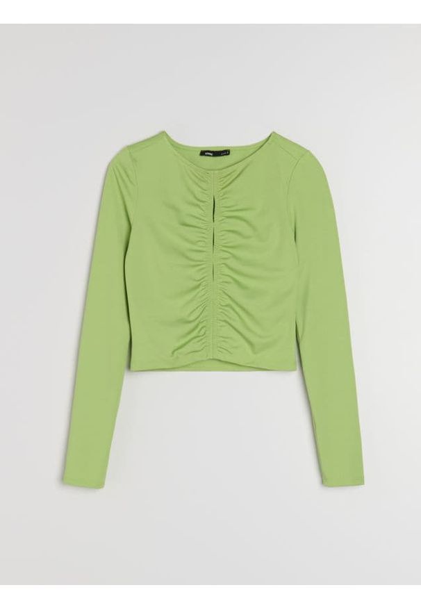 Sinsay - Krótka bluzka z długim rękawem i marszczeniem z przodu - zielony. Kolor: zielony. Długość rękawa: długi rękaw. Długość: krótkie