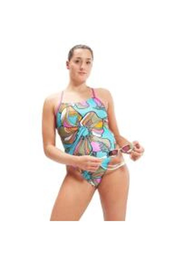 Strój Kąpielowy Speedo Digital Tie Back – Aqua/Fioletowy/Zielony – Rozmiar 38. Kolor: niebieski. Wzór: nadruk