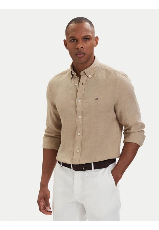 TOMMY HILFIGER - Tommy Hilfiger Koszula MW0MW41530 Beżowy ciemny Regular Fit. Kolor: beżowy. Materiał: len