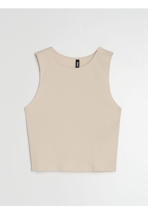 Sinsay - Bawełniany prążkowany top basic - kremowy. Kolor: kremowy. Materiał: prążkowany, bawełna