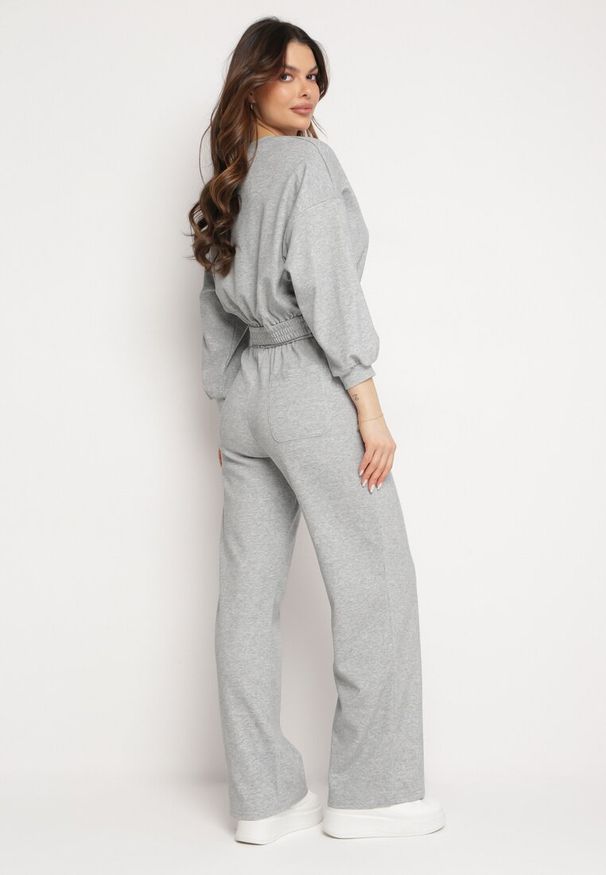 Born2be - Szary Komplet Bawełniany Spodnie Szerokie ze Sznurkiem w Pasie i Bluza ze Ściągaczami Urionne. Kolor: szary. Materiał: bawełna
