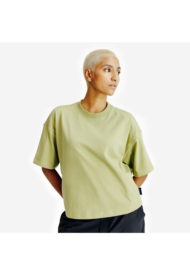 Decathlon - Koszulka Crop damska. Kolor: zielony. Materiał: bawełna, materiał, elastan. Długość: krótkie