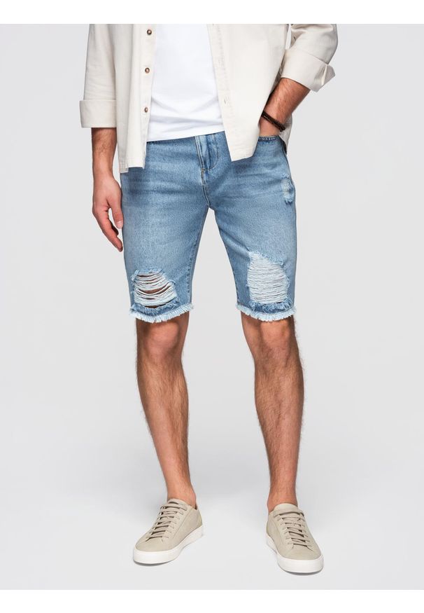 Ombre Clothing - Krótkie męskie spodenki jeansowe z przetarciami i dziurami – jasnoniebieskie V2 - Rozmiar: XL. Okazja: na co dzień. Kolor: niebieski. Materiał: jeans. Długość: krótkie. Wzór: aplikacja. Sezon: lato. Styl: klasyczny, casual