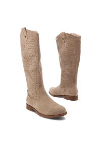 Beżowe Kozaki S.Barski Modne Ażurowe Obuwie Damskie. Zapięcie: zamek. Kolor: beżowy. Materiał: zamsz, materiał. Wzór: ażurowy. Sezon: zima, jesień. Obcas: na obcasie. Styl: elegancki. Wysokość obcasa: niski #3