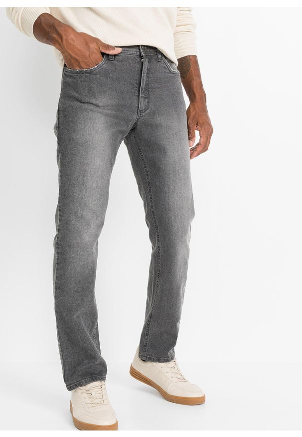 bonprix - Dżinsy ze stretchem regular fit w wygodnym fasonie, straight. Kolor: szary. Styl: vintage