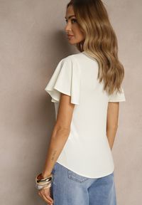 Renee - Beżowa Bluzka z Rozkloszowanymi Rękawami Sunelva. Okazja: na co dzień. Kolor: beżowy. Materiał: jeans. Styl: elegancki, casual