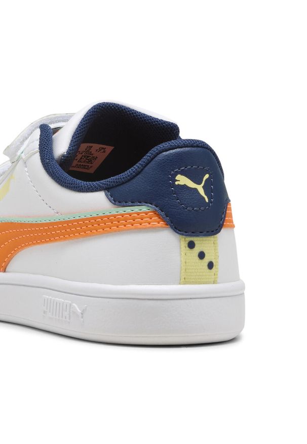 Puma - Dziecięce sneakersy Smash 3.0 Playdate PUMA White Orange Glo. Kolor: pomarańczowy, biały, wielokolorowy, żółty. Sport: turystyka piesza