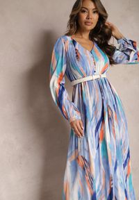 Renee - Niebieska Rozkloszowana Sukienka z Gumką w Talii i Akwarelowym Wzorem Kasille. Kolor: niebieski #5