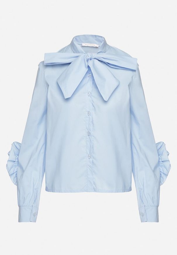 Born2be - Niebieska Koszula z Ozdobnym Wiązaniem i Falbankami Zalimira. Okazja: na co dzień. Typ kołnierza: kołnierz z falbankami. Kolor: niebieski. Materiał: jeans. Styl: elegancki, casual