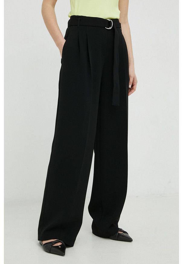 BOSS spodnie damskie kolor czarny proste high waist. Okazja: na co dzień. Stan: podwyższony. Kolor: czarny. Styl: casual