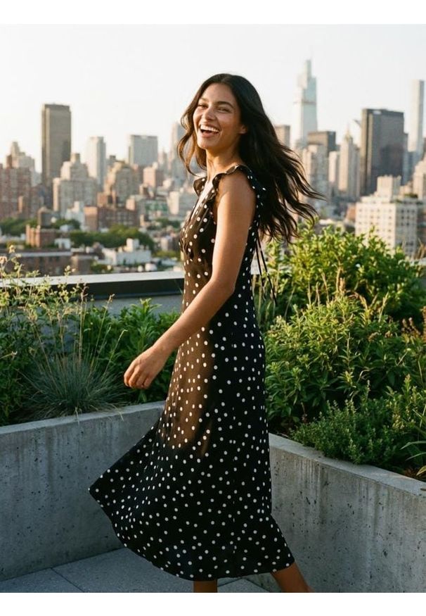 Sinsay - Sukienka midi w grochy z falbankami - czarny. Typ kołnierza: kołnierz z falbankami. Kolor: czarny. Wzór: grochy. Długość: midi